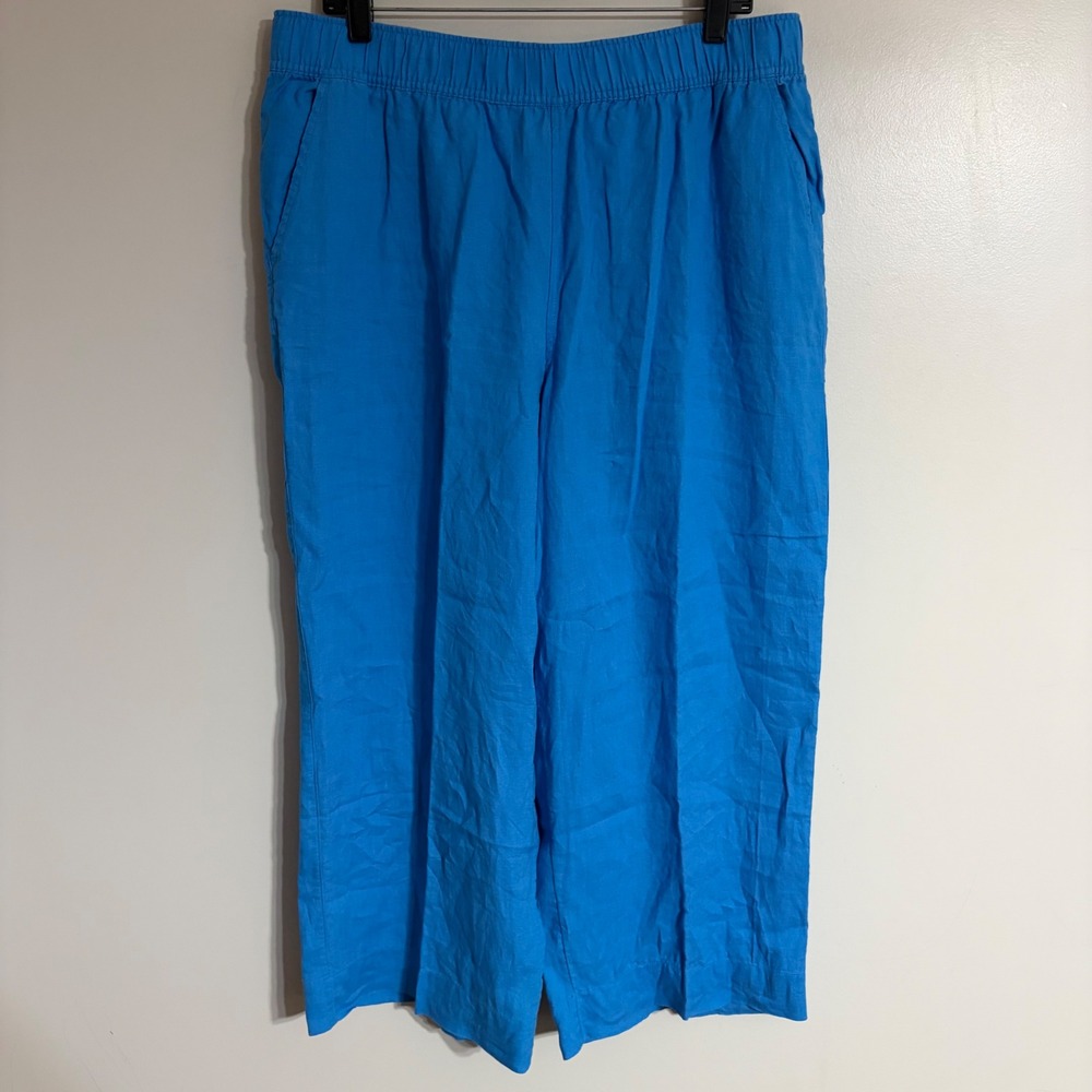 Tahari Blue 100% Linen Wide Leg Pants Womens XL Elastic Waist Pockets